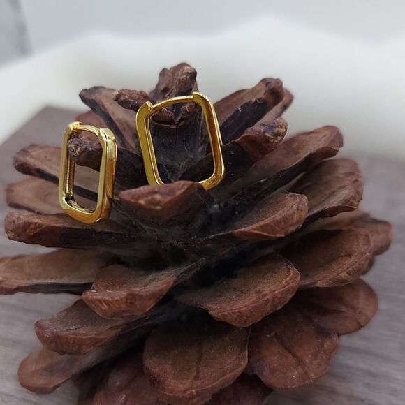 925 Sterling Silver Rectangle Gold Huggies Earrings - Picture 6 of 11